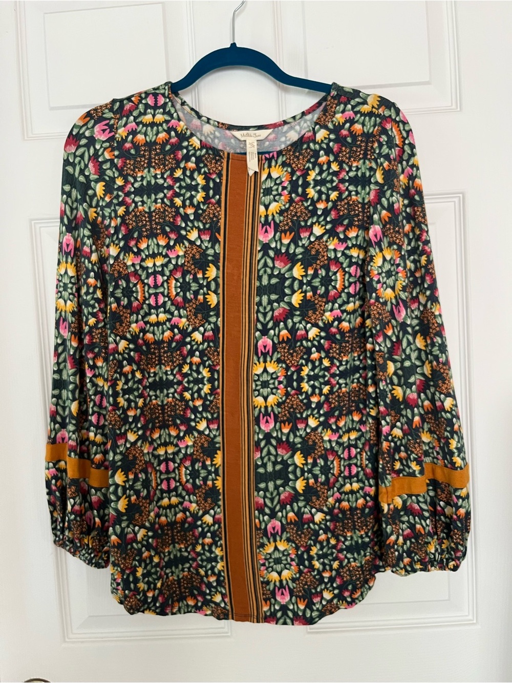 Matilda Jane SzXS Dark Floral Long Sleeve Blouse, Balloon Sleeves & Mustard Trim